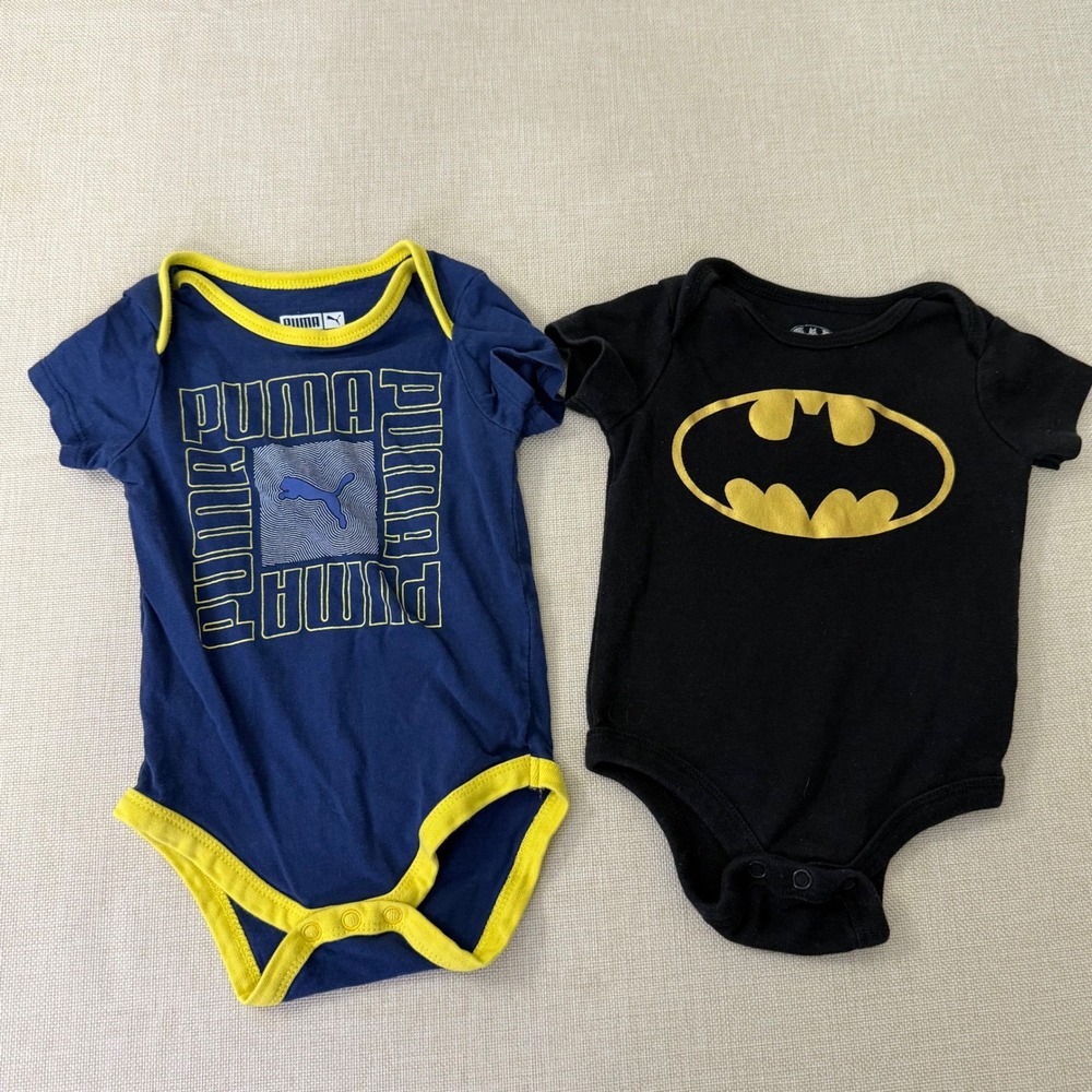 Puma & Batman Baby Bodysuit Bundle 0-3M 3-6M Black Blue Graphic One Piece Lot